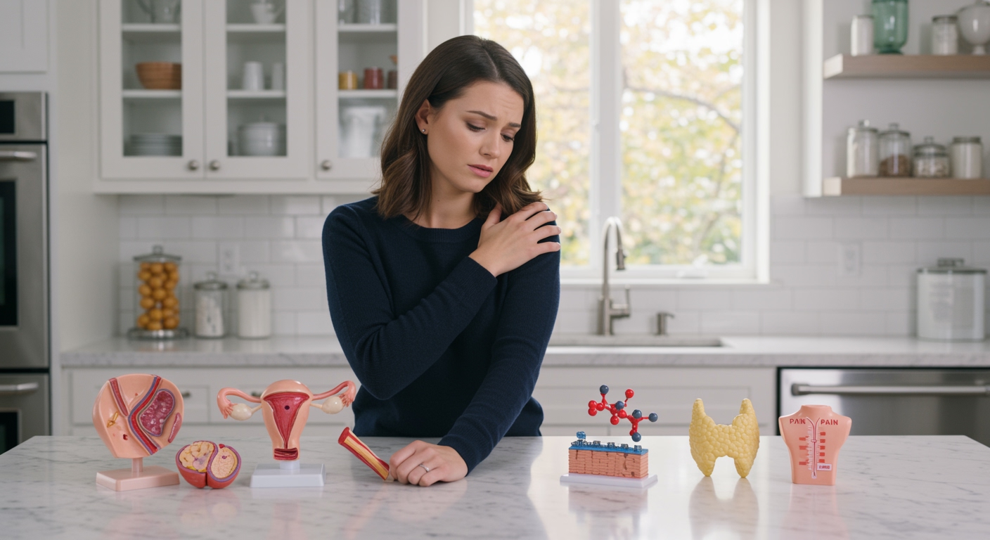 Woman touching shoulder showing discomfort with PCOS-related medical models and pain indicators on marble countertop