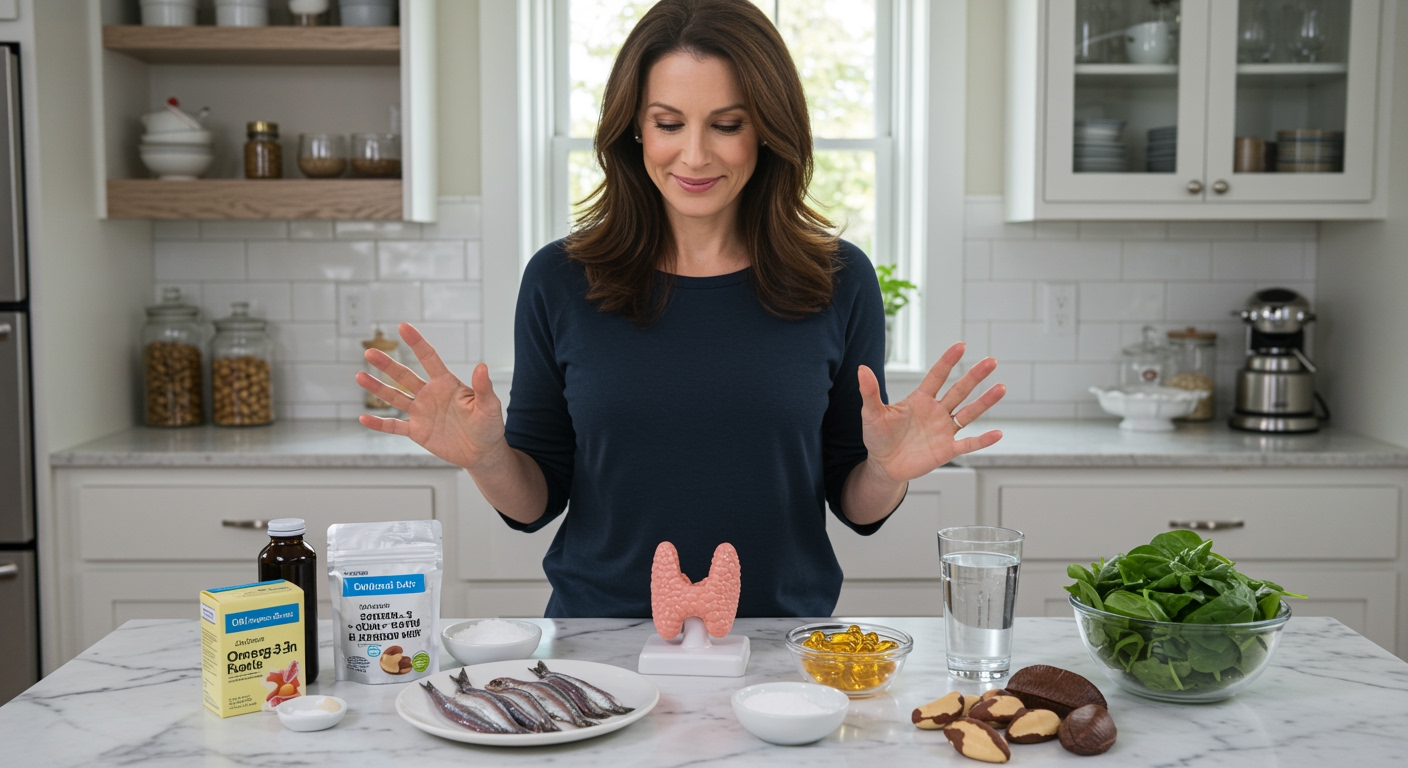 Woman standing behind marble counter gesturing toward fresh anchovies, thyroid model, and nutritional supplements in bright kitchen.