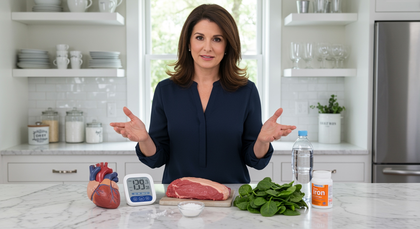 Woman pointing at raw beef steak on marble counter with blood pressure monitor, heart model, and nutritional supplements visible