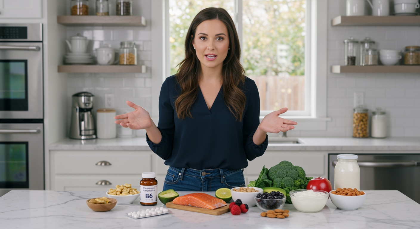 Woman pointing to birth control pills and nutritious foods on marble countertop in bright modern kitchen setting