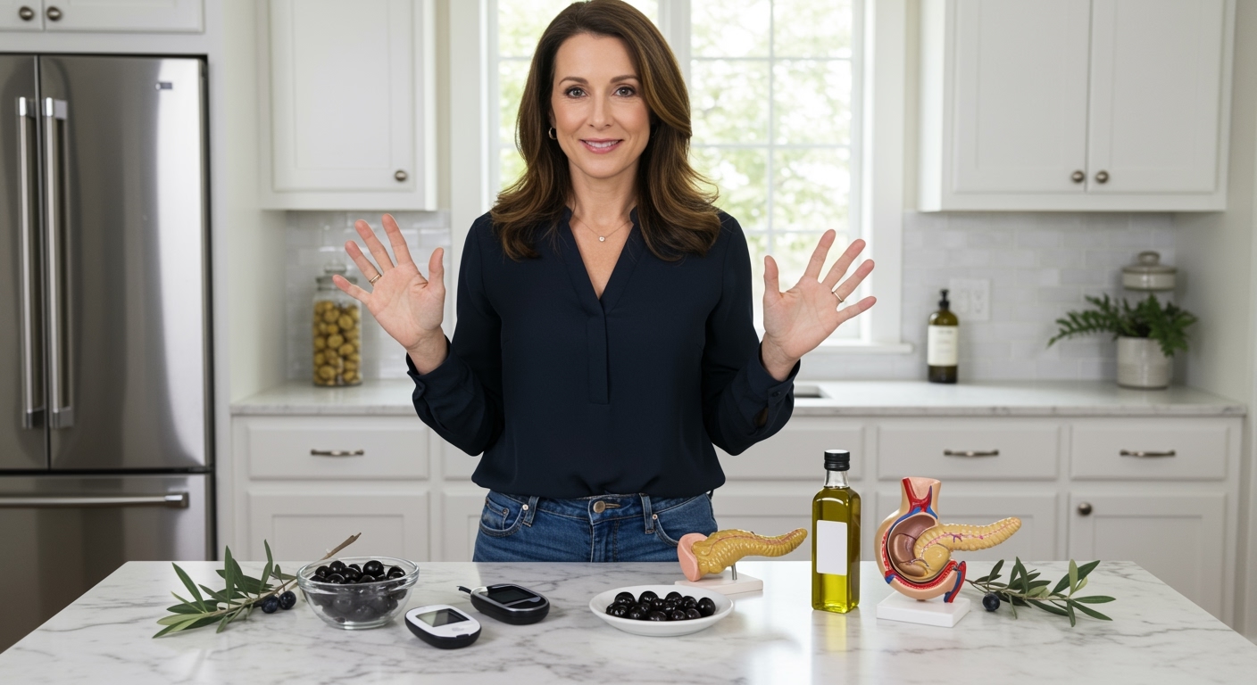Woman standing behind marble counter gesturing toward black olives, glucose meter, and pancreas model in bright modern kitchen