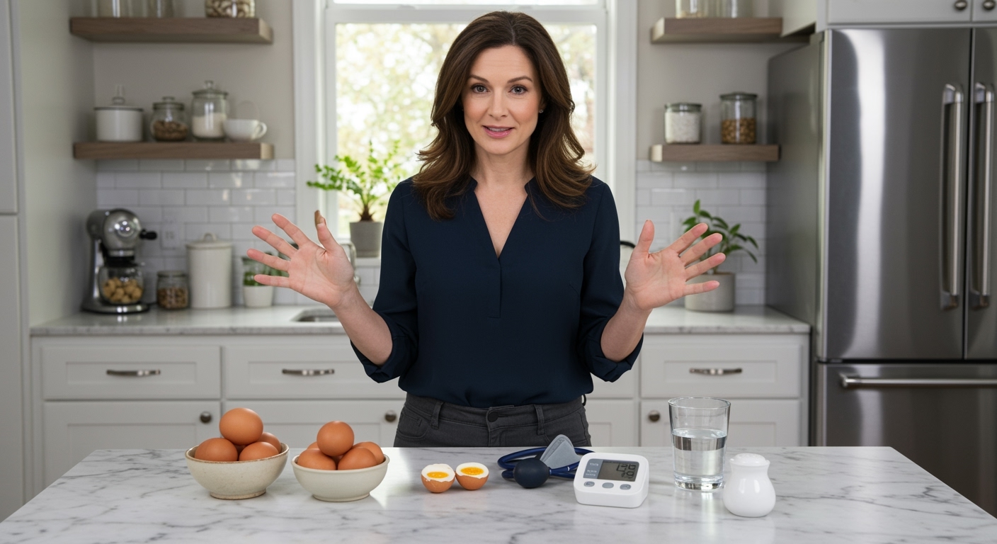 Woman standing behind marble counter with boiled eggs, blood pressure monitor, and health items in bright modern kitchen