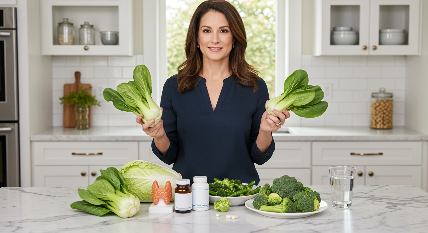 Woman holding bok choy leaves standing behind marble countertop with thyroid model and vegetables in bright modern kitchen