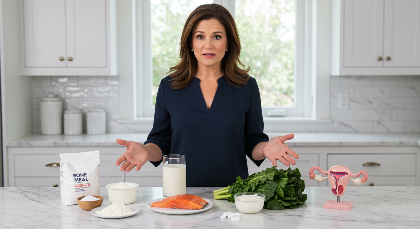 Middle-aged woman in navy blouse standing behind white marble counter with calcium sources including bone meal, dairy, and supplements