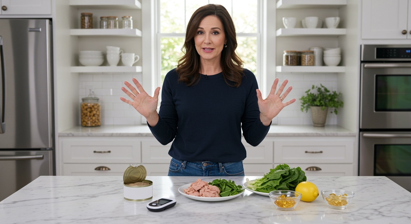 Woman standing behind marble counter with opened tuna can, glucose meter, salad plate, greens, lemon, and supplements in bright kitchen