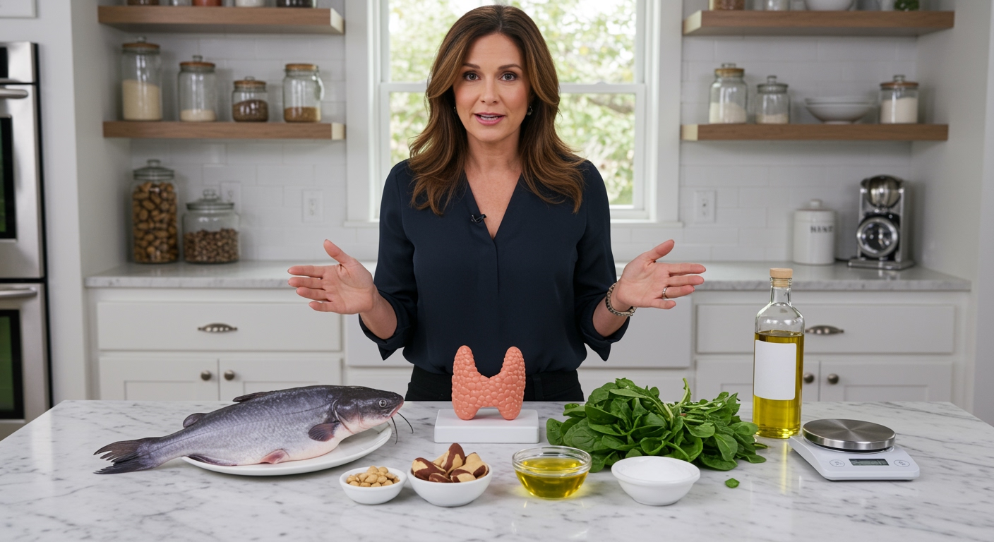 Middle-aged woman gesturing toward catfish and thyroid model on marble countertop with nuts, vegetables, and supplements in bright kitchen