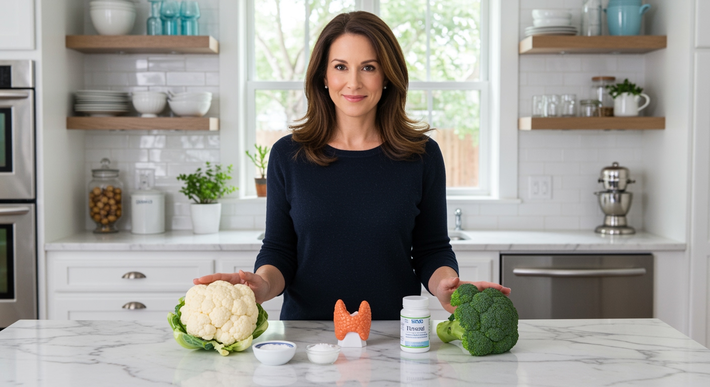 Woman standing behind marble counter with cauliflower, thyroid model, and supplements in bright modern kitchen setting