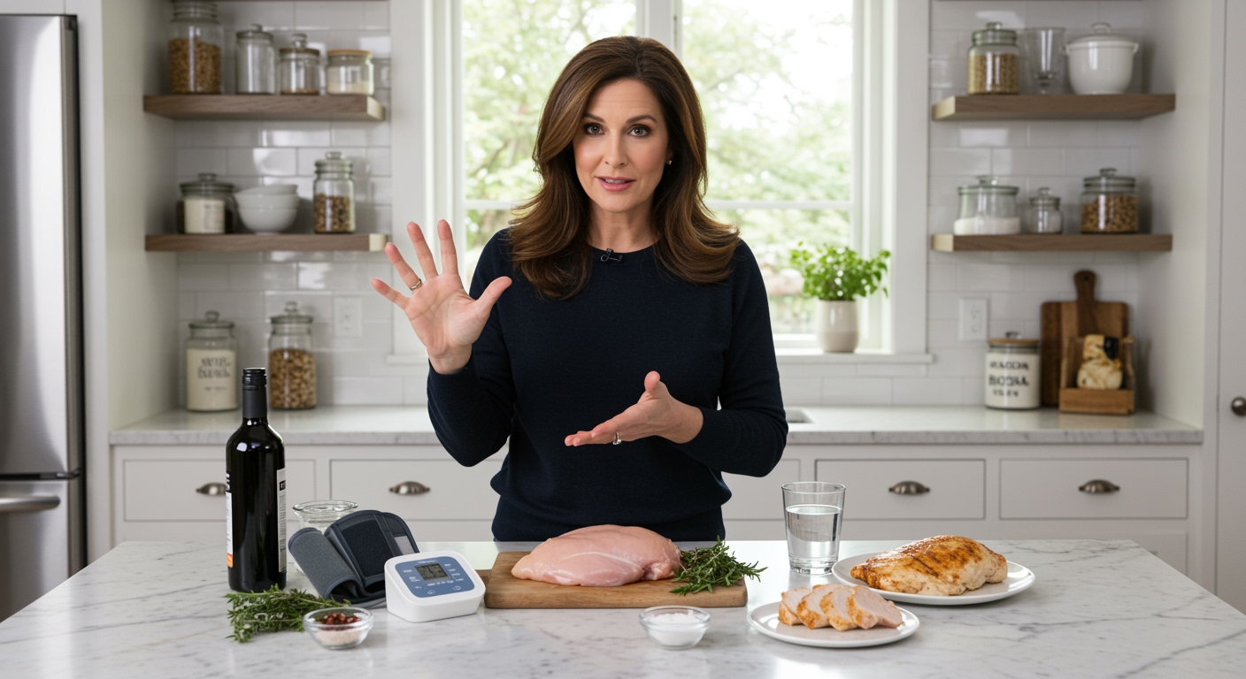 Woman standing behind marble counter with chicken, blood pressure monitor, and herbs in modern kitchen with natural lighting