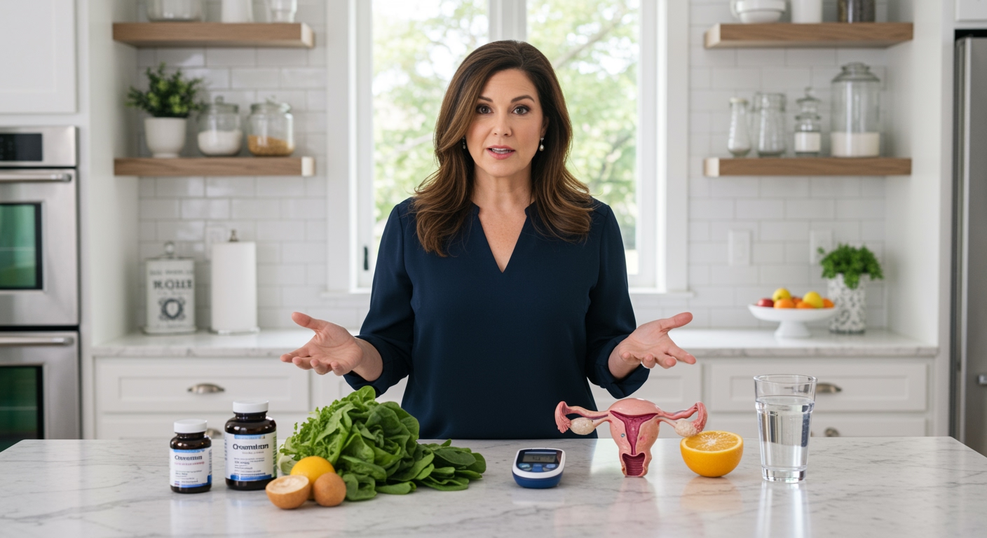 Woman standing behind marble counter with chromium supplements and PCOS-related health items in bright modern kitchen