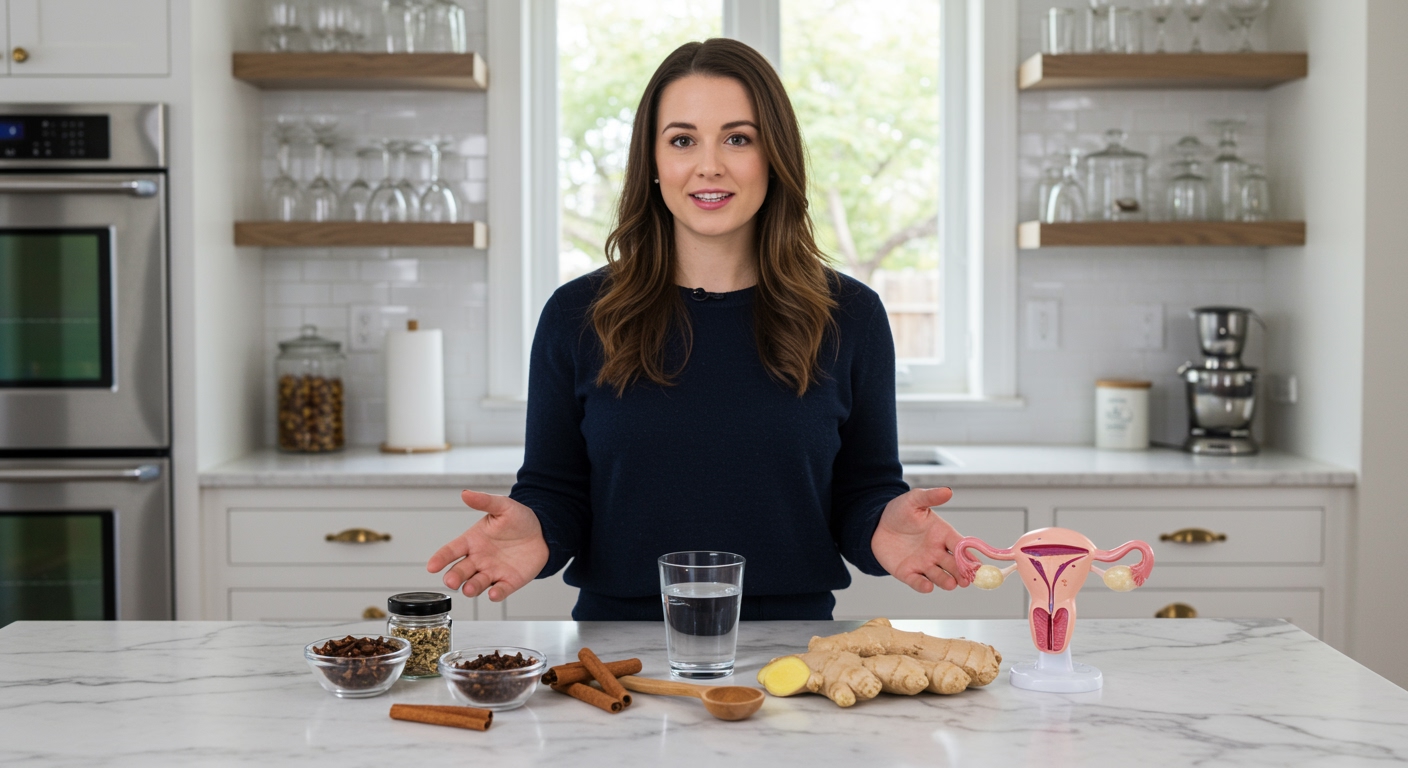 Woman standing behind marble counter with cloves, spices, and ovary model in bright modern kitchen with natural lighting