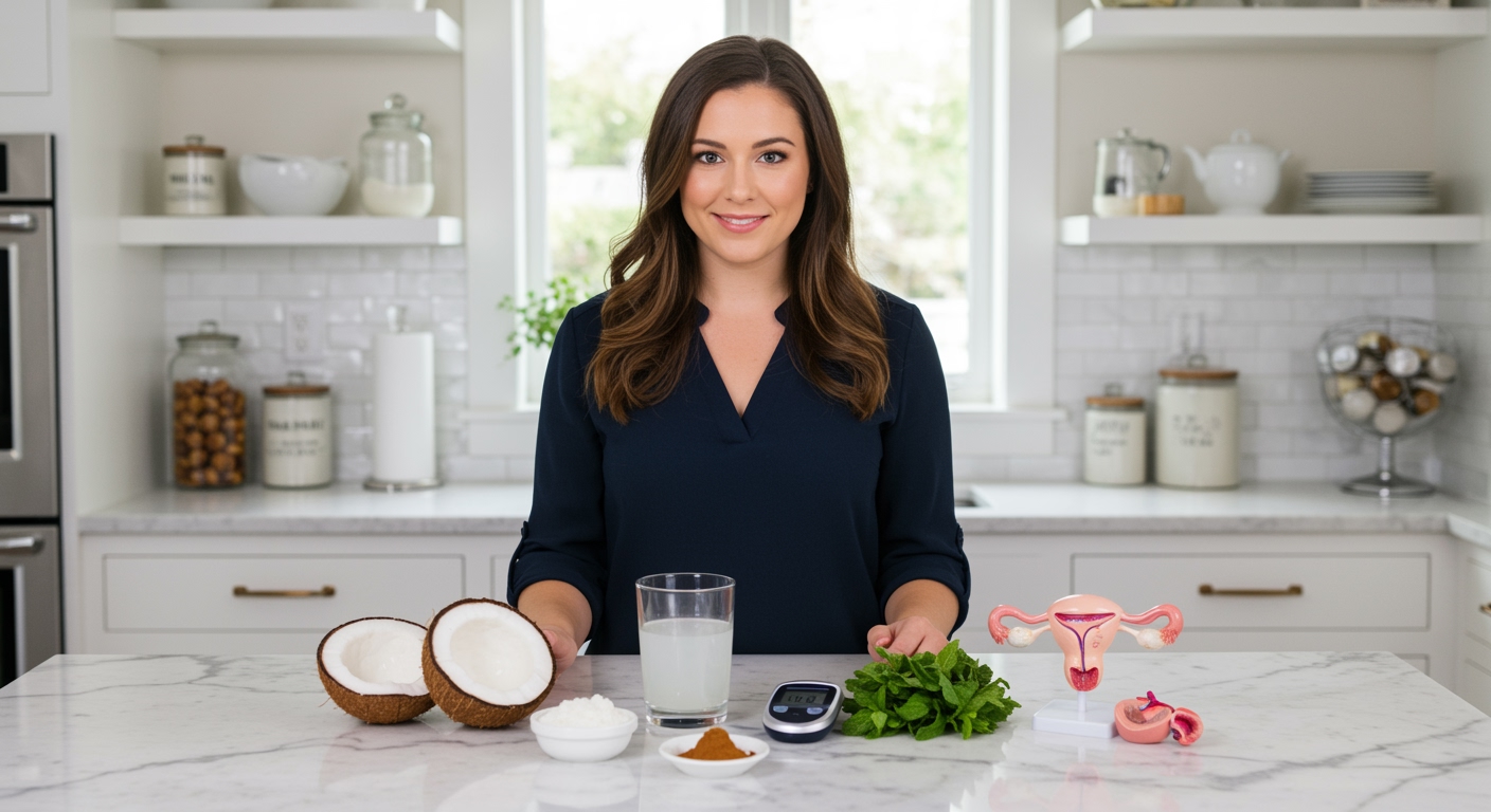 Woman standing behind marble countertop with coconut water glass and PCOS-related items in bright modern kitchen