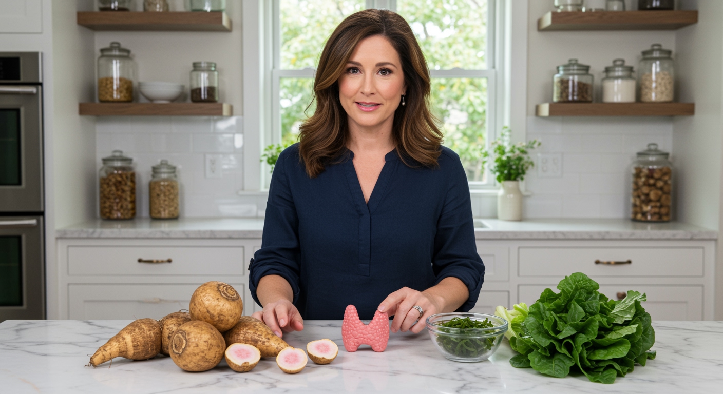 Woman standing behind marble counter with eddoe roots, thyroid model, seaweed, and vegetables in bright modern kitchen setting.