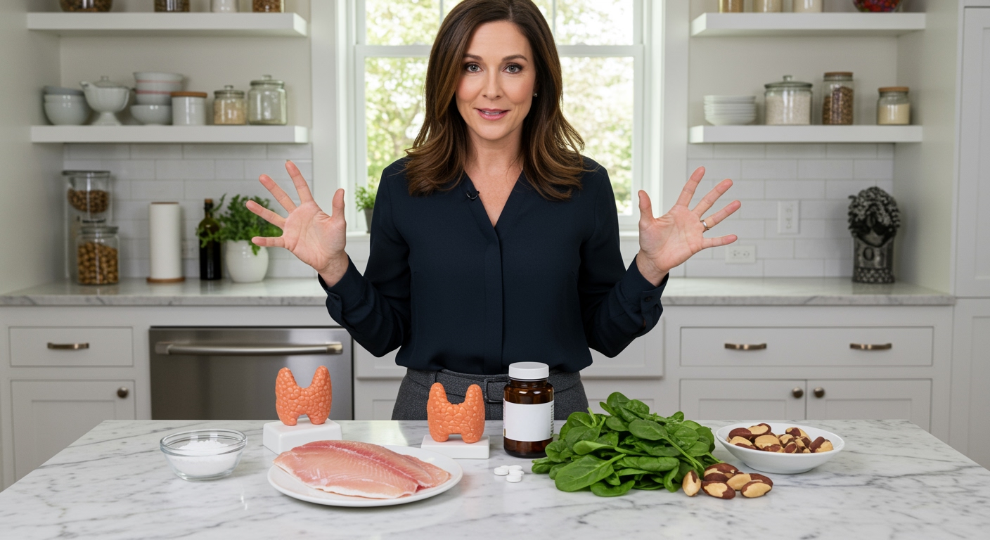 Woman standing behind marble counter with flounder fillet, thyroid model, and nutrient-rich foods in bright modern kitchen