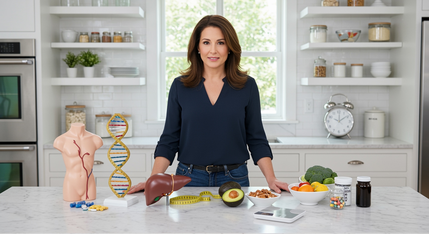 Woman standing behind marble countertop with liver model, DNA structure, clock, and healthy foods in bright modern kitchen