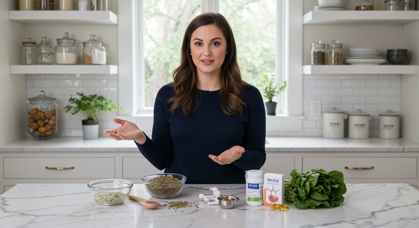 Woman standing behind marble counter with hemp seeds, ovary model, and PCOS-related educational materials in bright kitchen