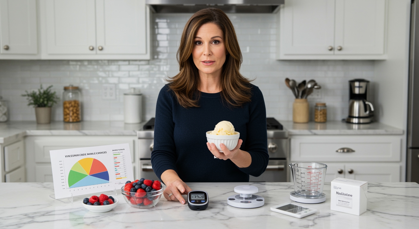 Woman holding ice cream bowl pointing to blood glucose meter with nutrition tools on white marble countertop in modern kitchen