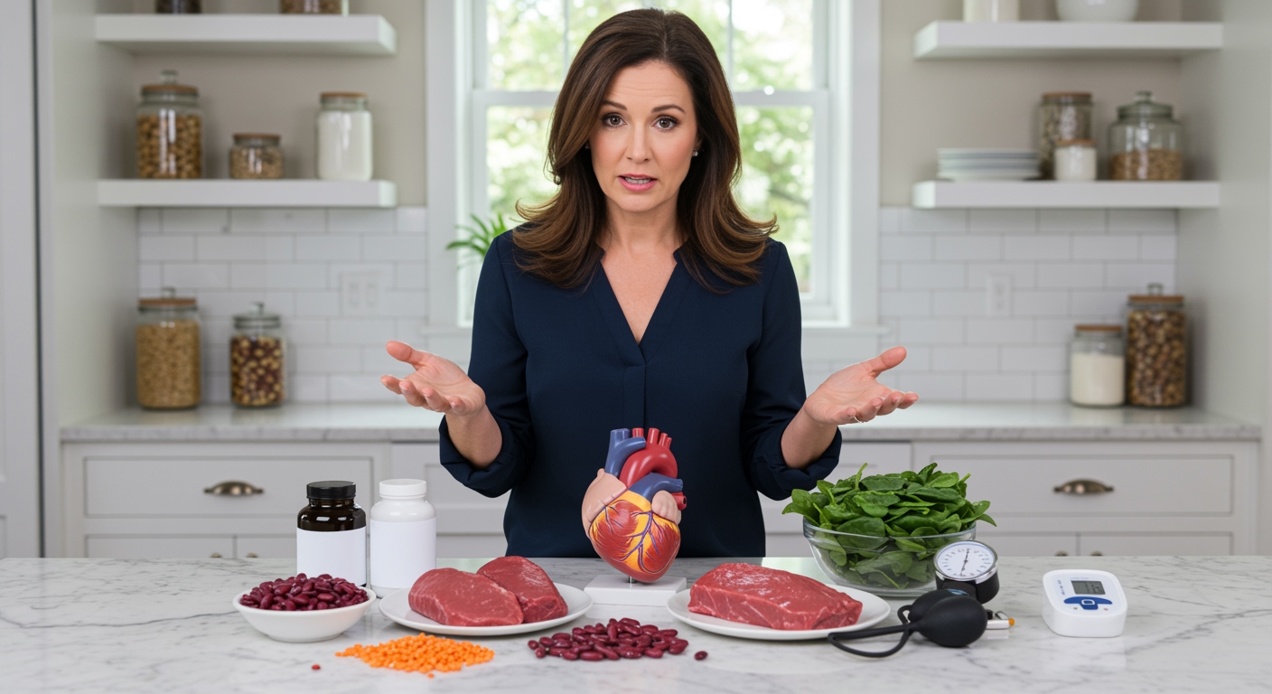 Woman standing behind marble counter with heart model, iron supplements, leafy greens, and blood pressure monitor in bright kitchen