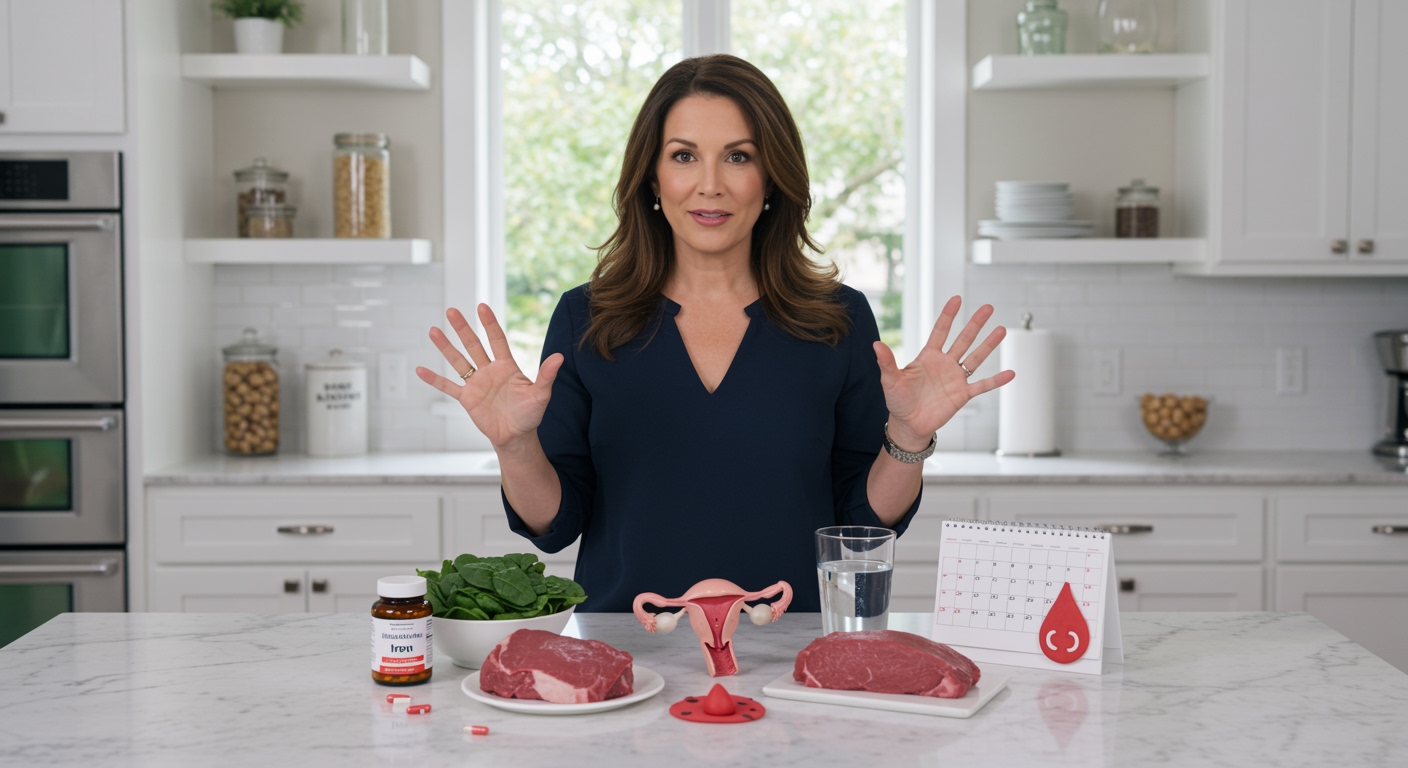 Woman standing behind marble counter with iron supplements, spinach, meat, and reproductive health items in modern kitchen