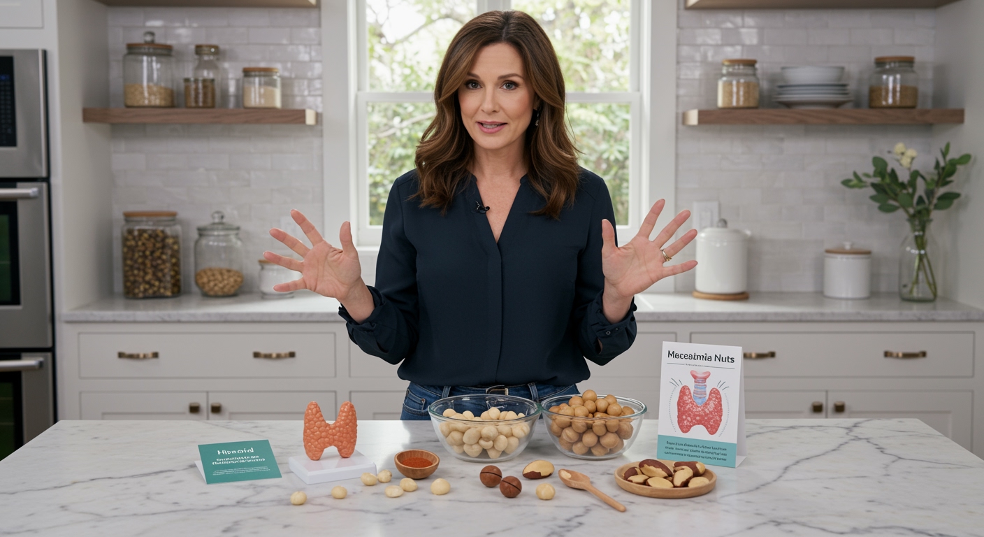 Woman gesturing toward thyroid model and bowl of macadamia nuts on white marble countertop in bright modern kitchen setting