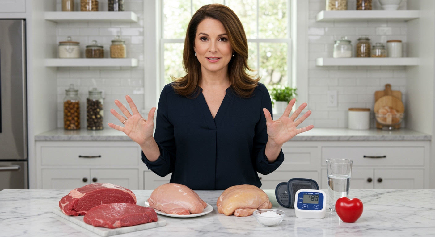 Woman standing behind marble counter with raw beef, cooked chicken, blood pressure monitor, and heart symbol in bright kitchen
