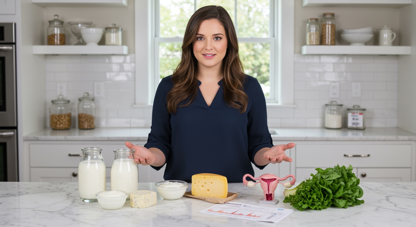 Woman standing behind marble counter with dairy products, hormone chart, ovary model and healthy foods in bright kitchen