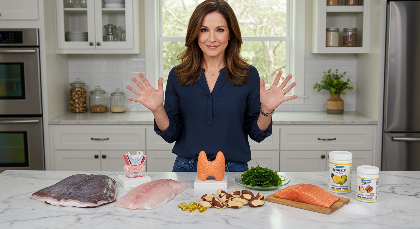 Woman standing behind marble counter gesturing toward monkfish fillet and thyroid model with omega-3 capsules and nuts in bright kitchen