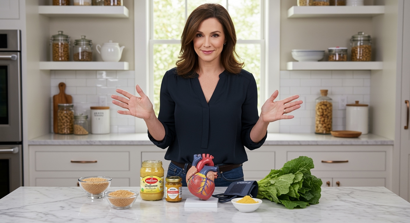 Middle-aged woman standing behind marble counter with mustard products, heart model, and blood pressure monitor in bright kitchen