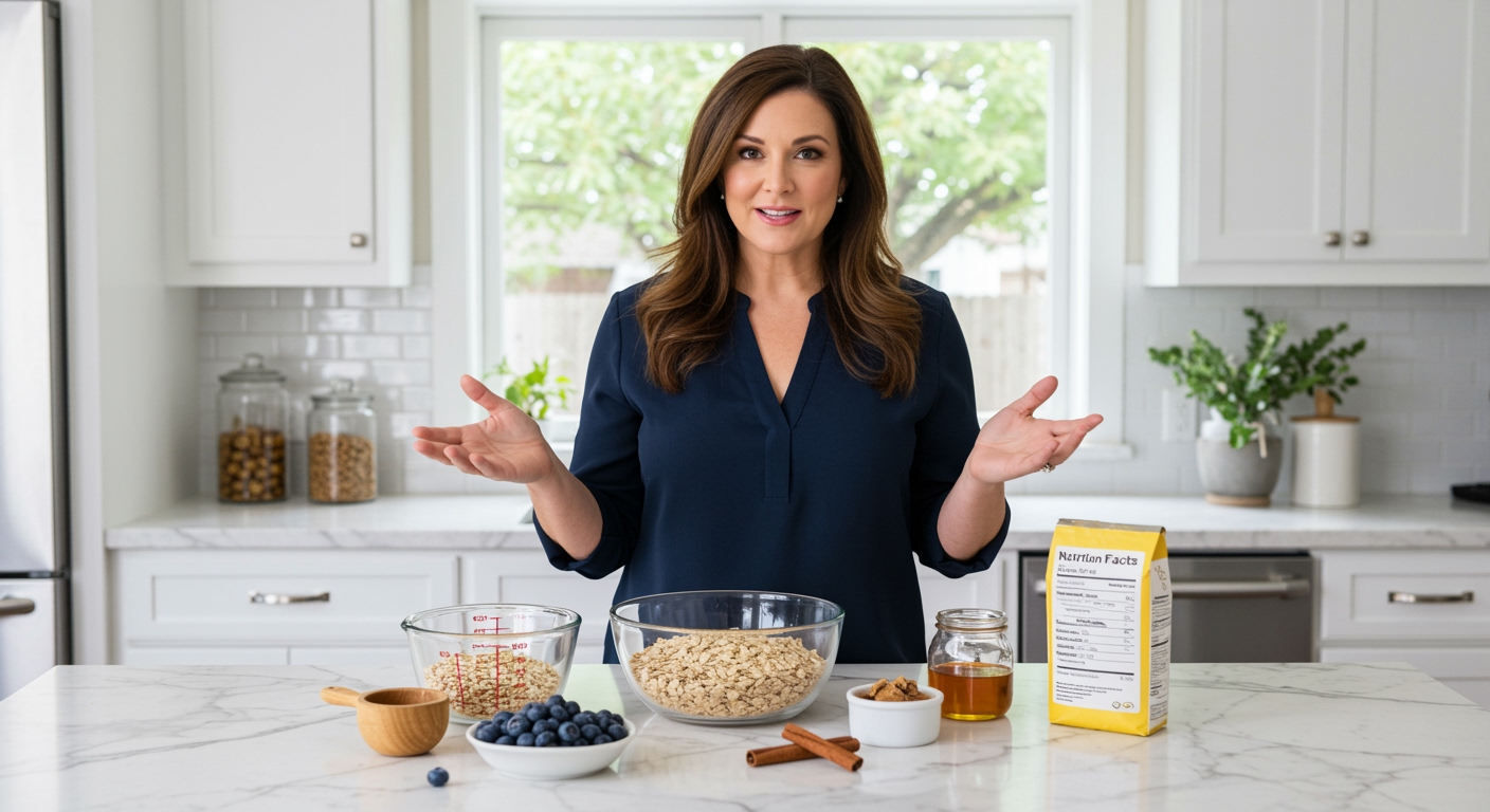 Woman standing behind marble counter with oats, measuring tools, and nutritional information displayed in bright kitchen