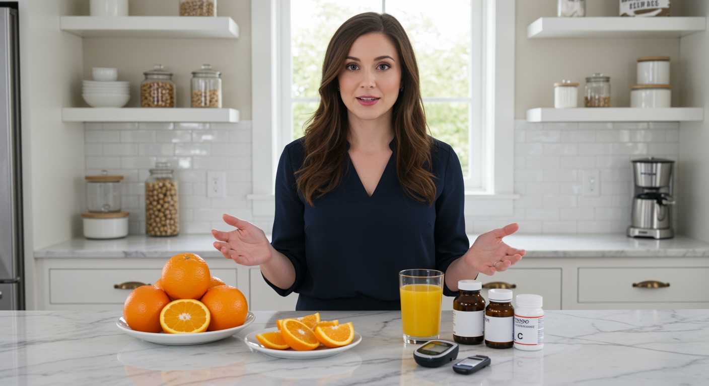 Young woman standing behind marble counter with fresh oranges, orange juice, supplements, and glucose meter in modern kitchen