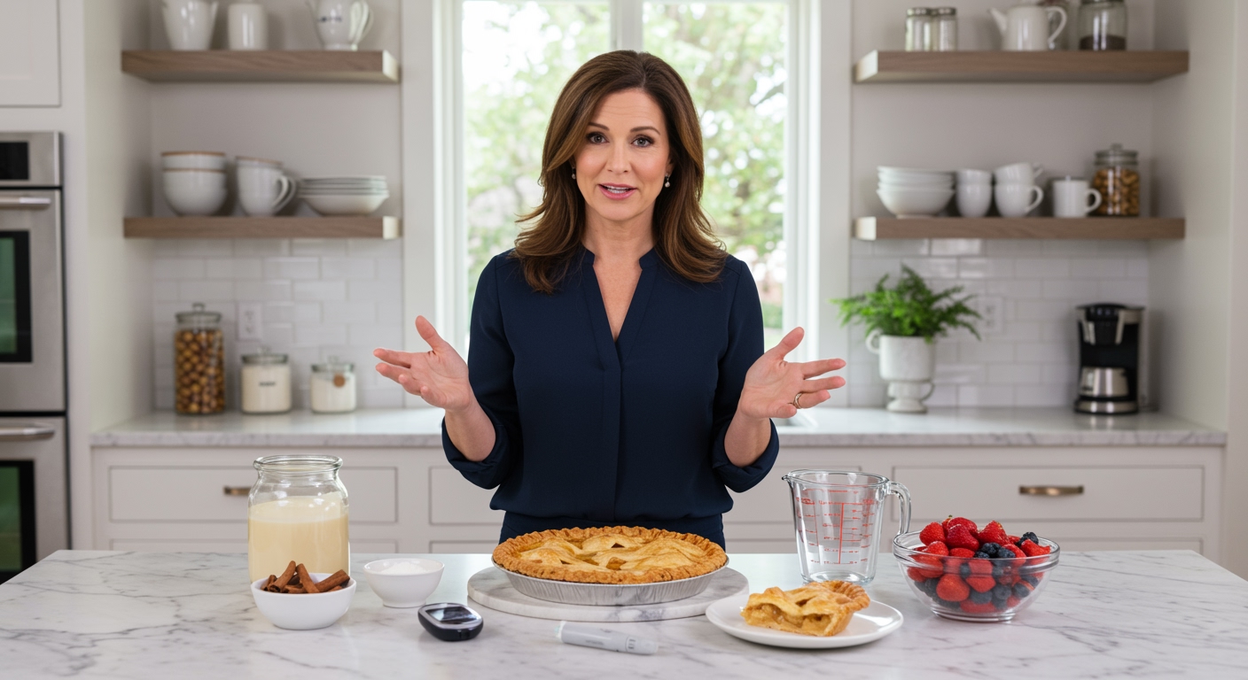 Woman standing behind marble counter with pie and PCOS-related items in bright modern kitchen with natural lighting