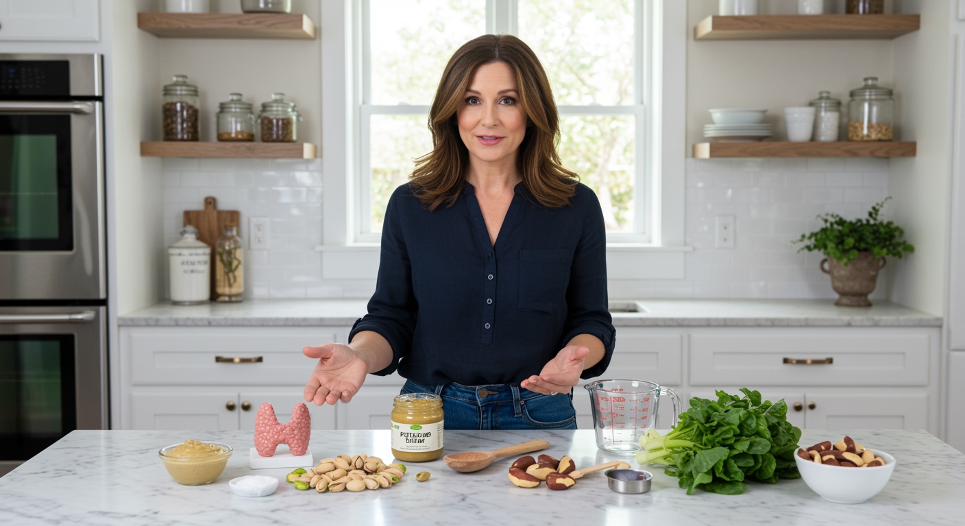 Middle-aged woman standing behind marble counter with pistachio butter jar, pistachios, thyroid model, and healthy foods in bright kitchen