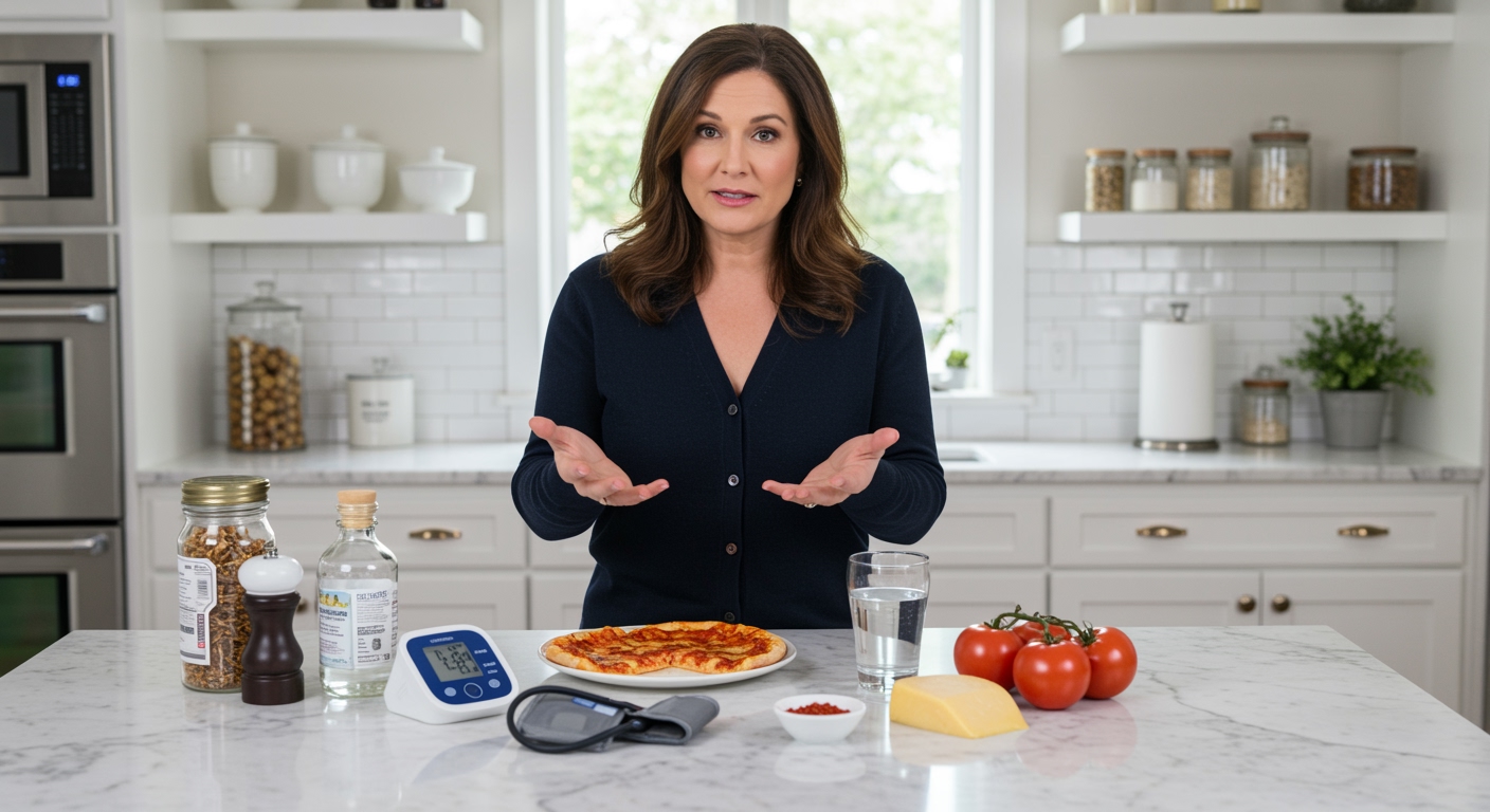 Woman standing behind kitchen counter with pizza slice, blood pressure monitor, and various foods arranged on marble surface