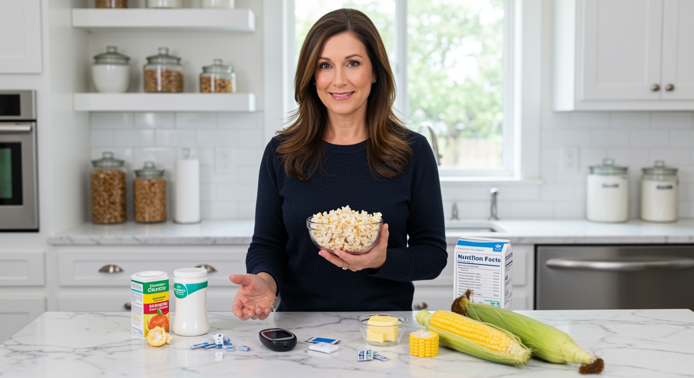 Middle-aged woman holding popcorn bowl behind marble counter with diabetes testing supplies and corn products in modern kitchen