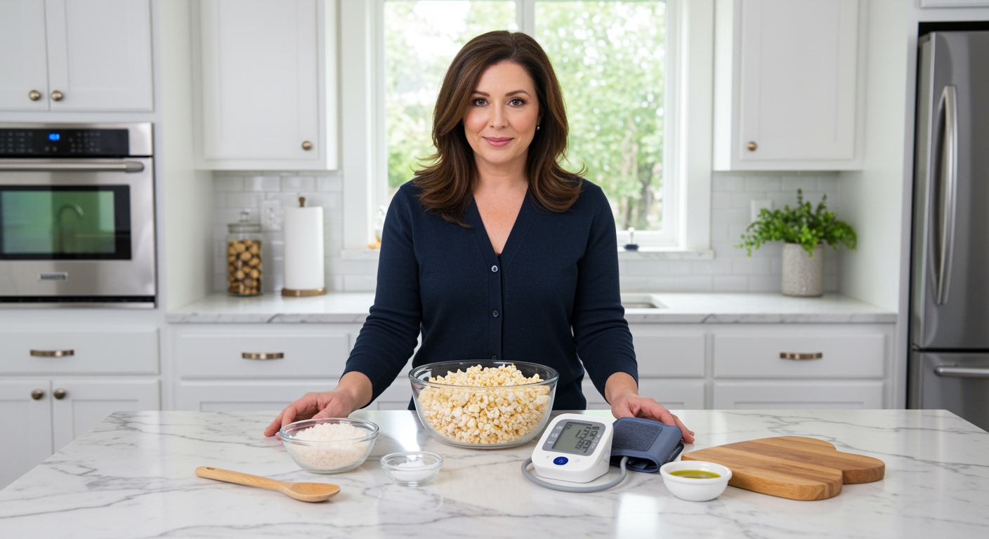 Middle-aged woman standing behind marble counter with popcorn bowl, blood pressure monitor, and healthy cooking ingredients