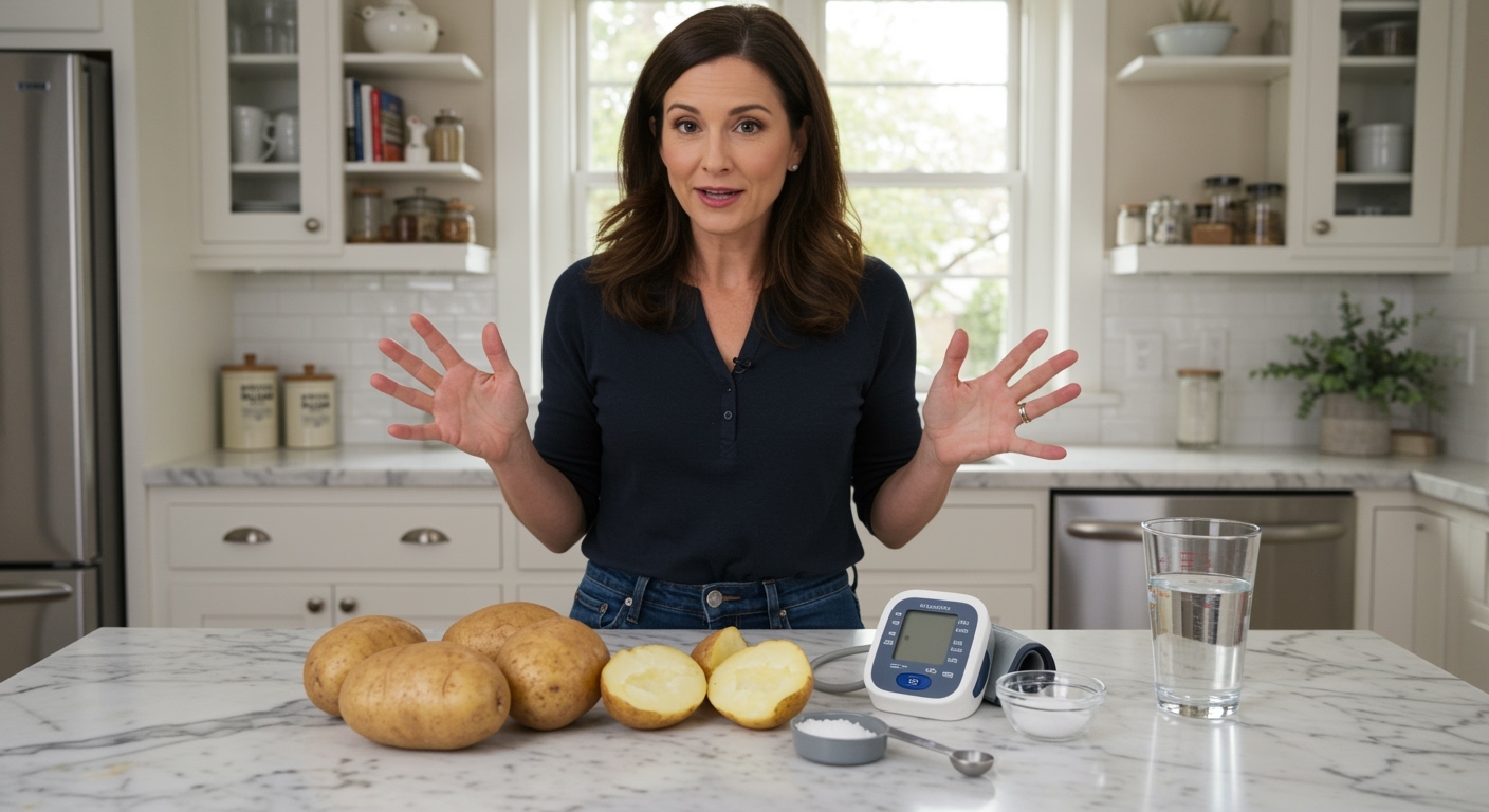 Woman gesturing toward whole and halved potatoes with blood pressure monitor and salt on white marble countertop in bright kitchen