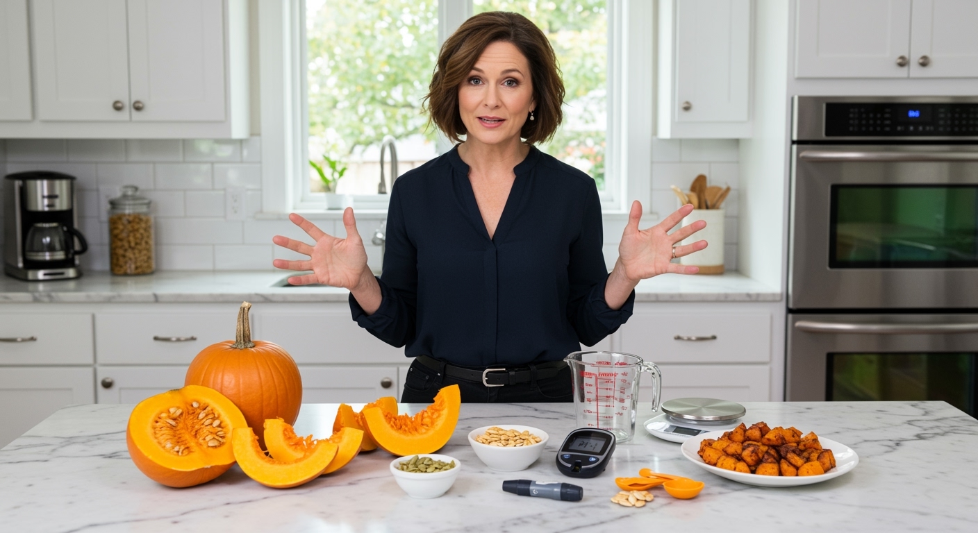 Woman standing behind marble counter gesturing toward whole pumpkin, pumpkin slices, glucose meter, and measuring tools in bright kitchen