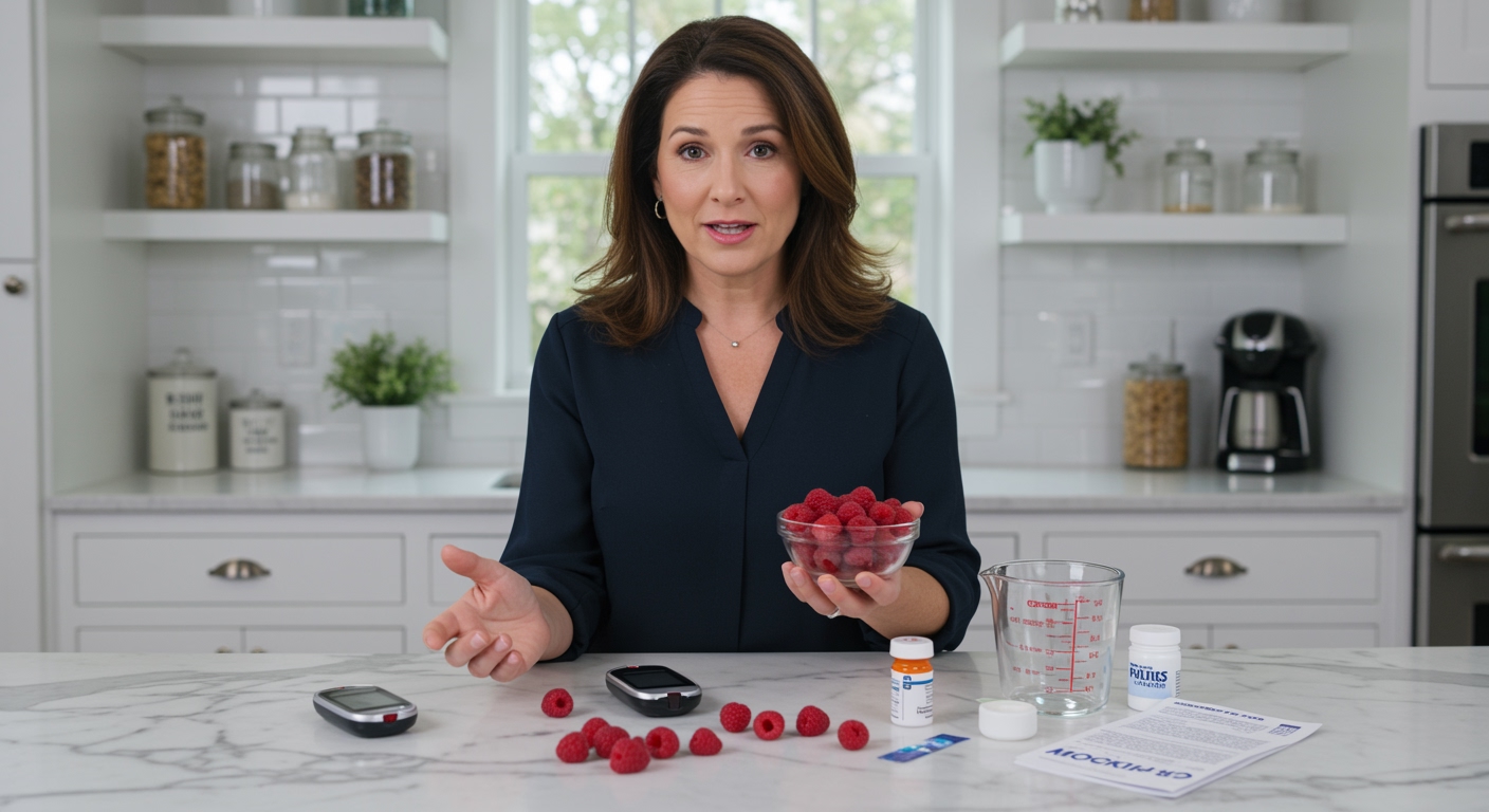 Woman holding bowl of raspberries behind marble counter with diabetes testing supplies and fresh berries in bright kitchen