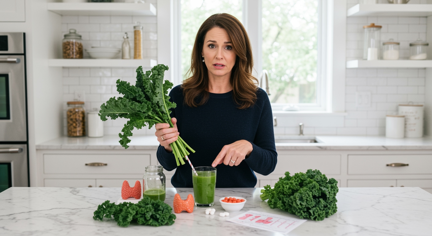 Woman holding raw kale leaves pointing at thyroid model and health items on marble countertop in modern kitchen
