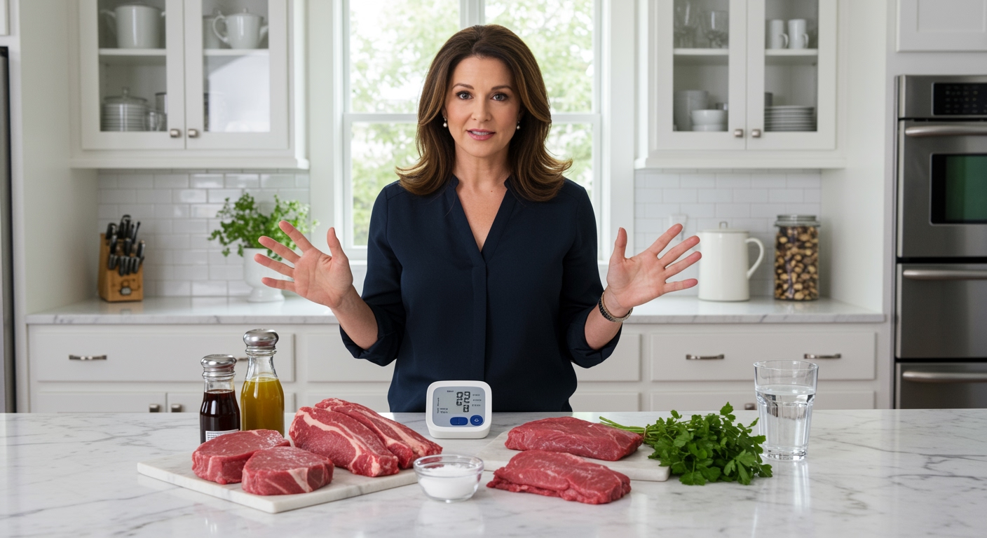 Woman standing behind marble counter with raw meat cuts, blood pressure monitor, and healthy ingredients in bright kitchen