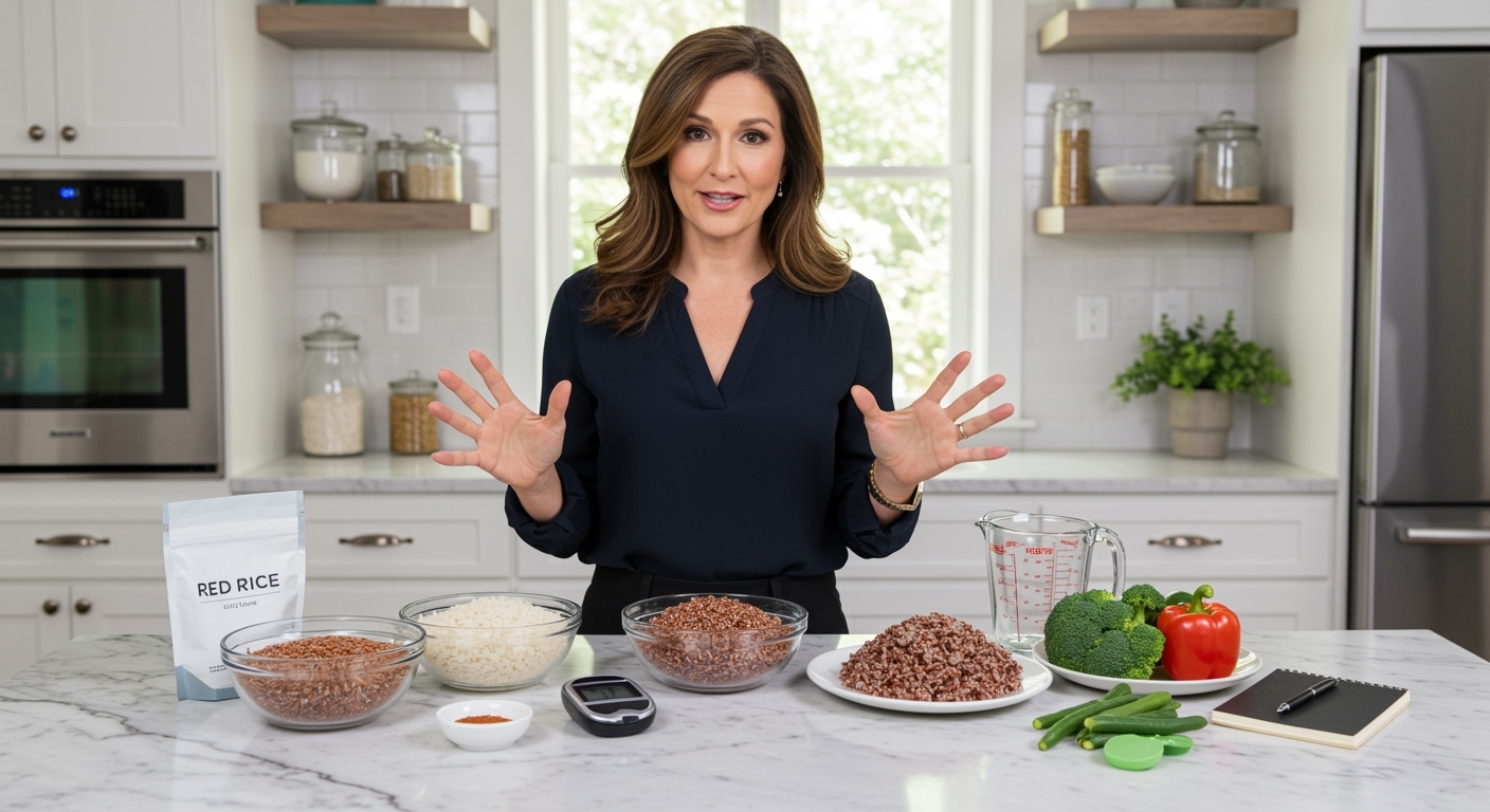 Woman standing behind marble counter with red rice, white rice, glucose meter, vegetables, and measuring tools in bright kitchen