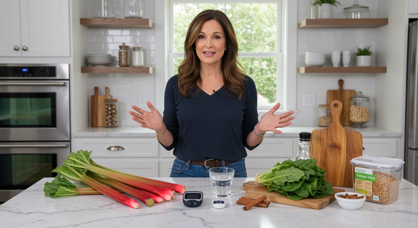 Middle-aged woman standing behind marble counter with fresh rhubarb stalks, glucose meter, and healthy foods in bright kitchen