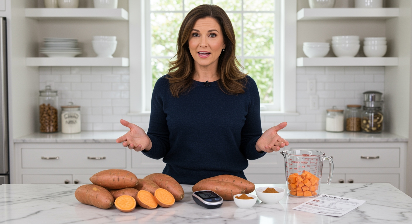 Middle-aged woman standing behind marble counter with sweet potatoes and nutrition tools in bright modern kitchen