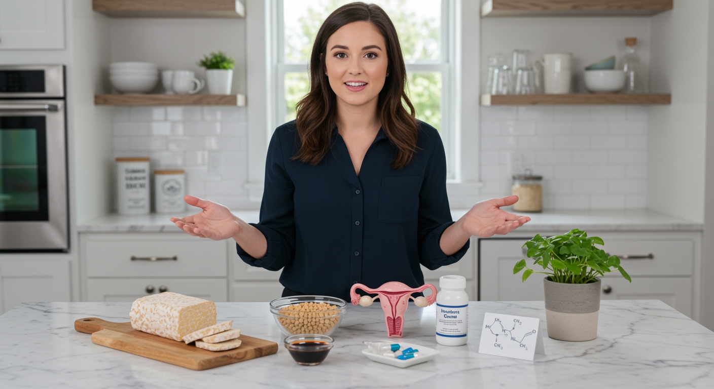 Woman standing behind marble counter with tempeh, soybeans, and PCOS-related items in bright modern kitchen setting