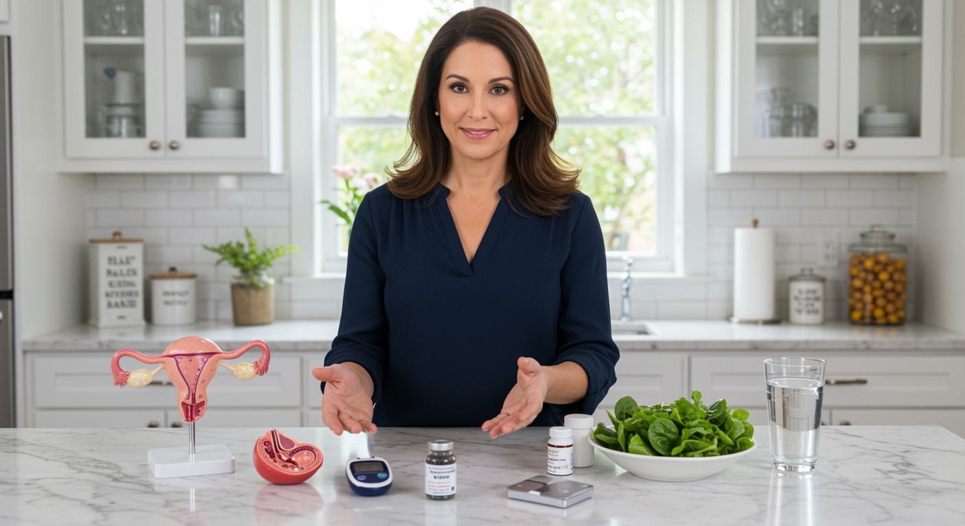 Woman standing behind marble counter with PCOS-related items including ovary model, supplements, and healthy foods in modern kitchen