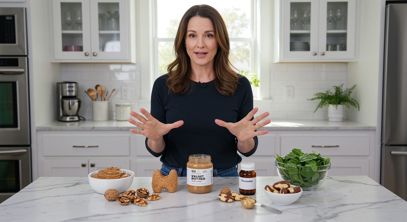 Woman standing behind marble counter gesturing toward walnut butter jar and thyroid model with walnuts and supplements visible