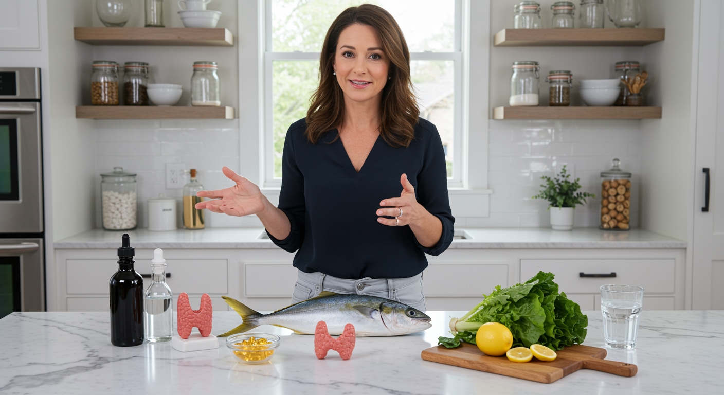 Middle-aged woman gesturing toward fresh yellowtail fish and thyroid model on white marble counter in bright modern kitchen