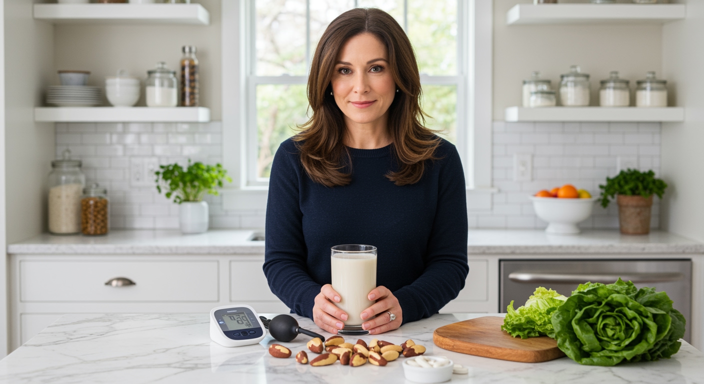 Woman standing behind marble counter with Brazil nut milk glass, nuts, blood pressure monitor, and supplements in bright kitchen