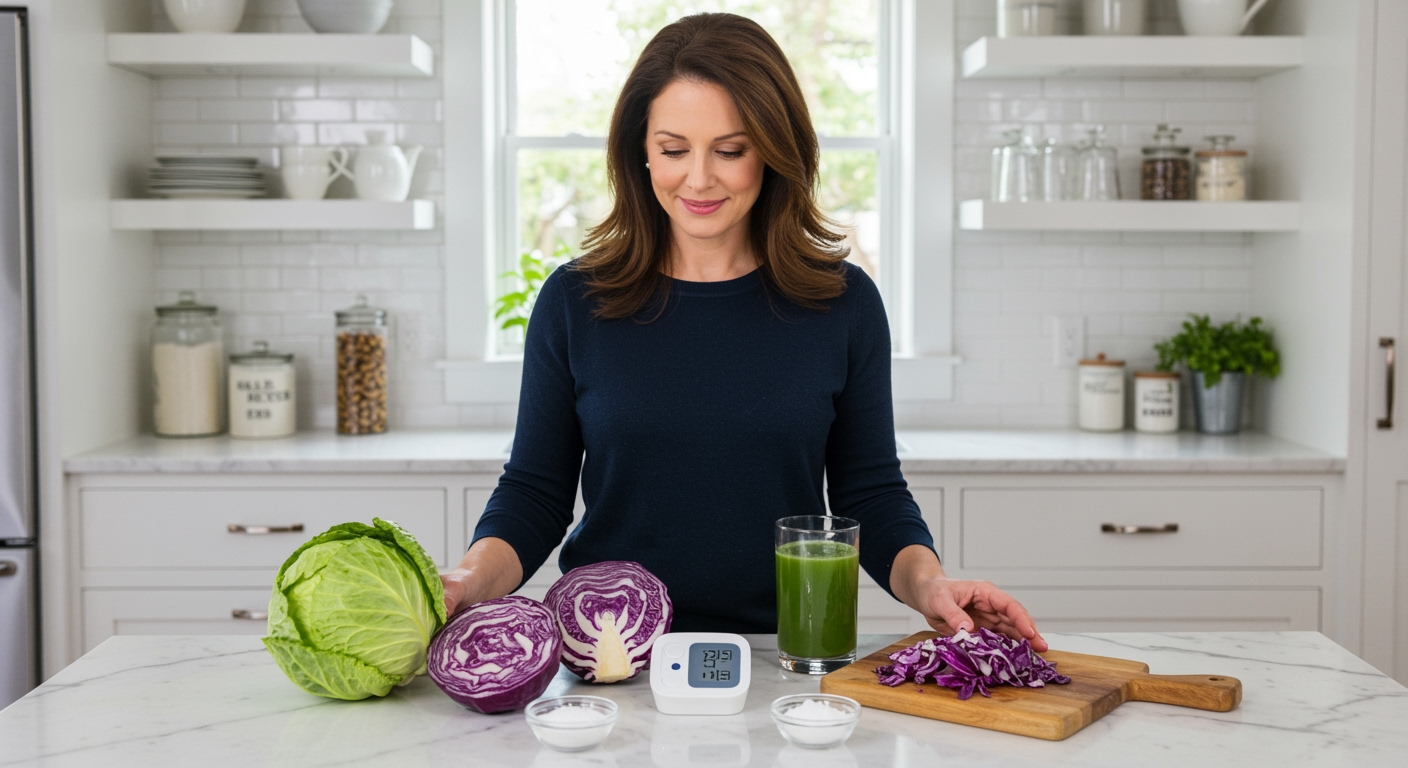 Woman standing behind marble counter with fresh cabbage, blood pressure monitor, and healthy ingredients in bright kitchen