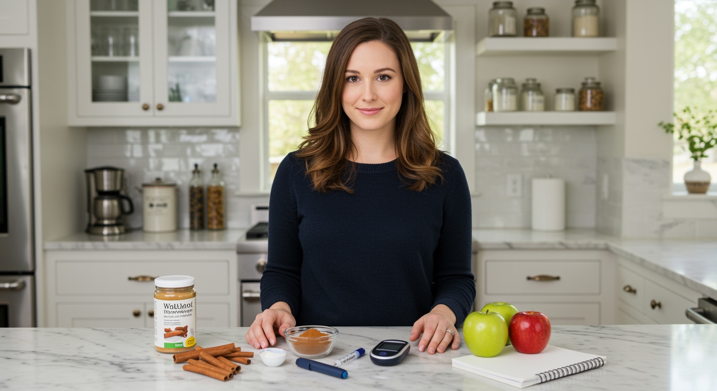 Woman standing behind marble counter with cinnamon sticks, glucose meter, and health monitoring tools in bright modern kitchen
