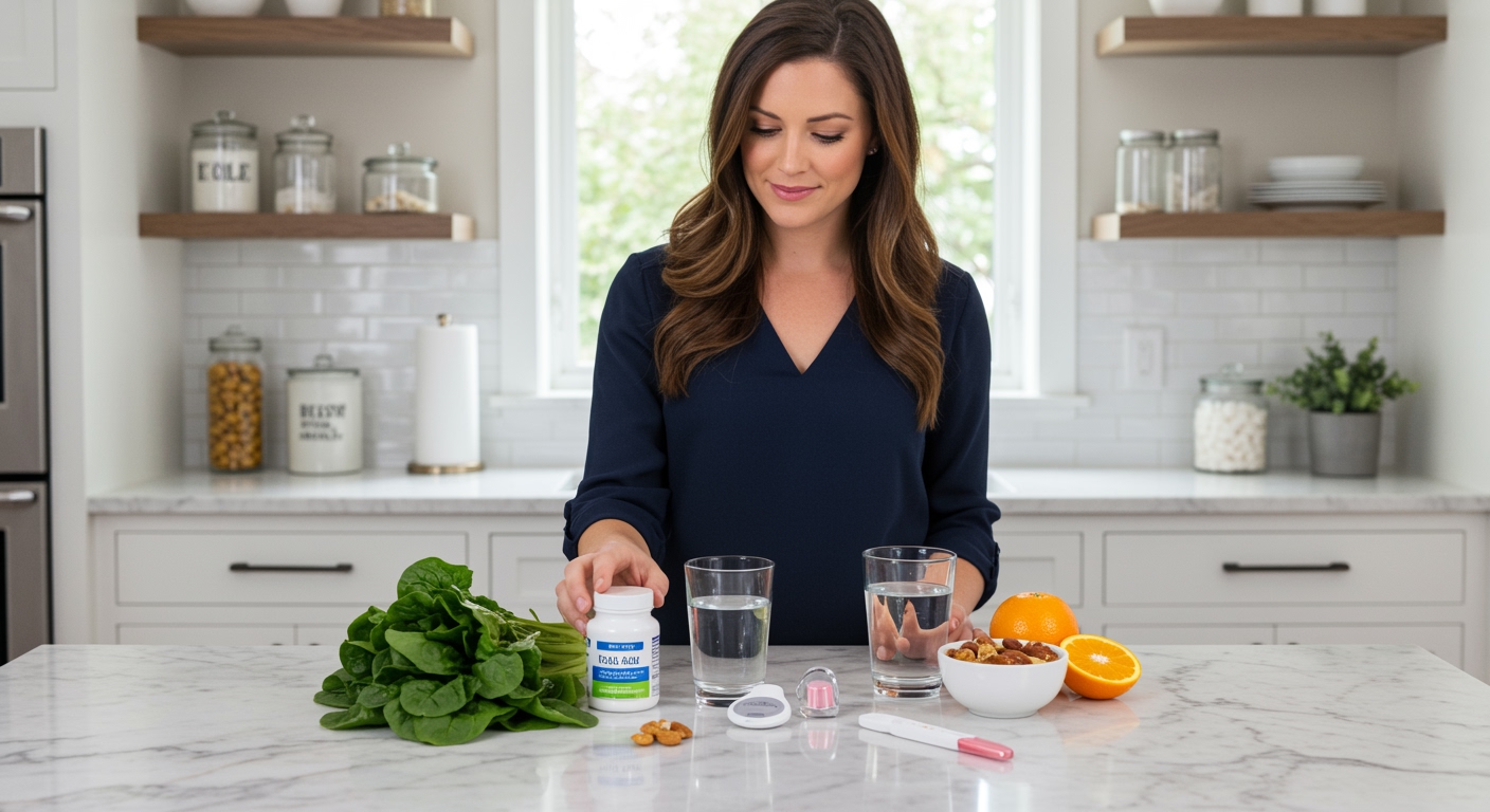 Woman standing behind marble counter with folic acid supplements, leafy greens, and fertility-related items in bright kitchen